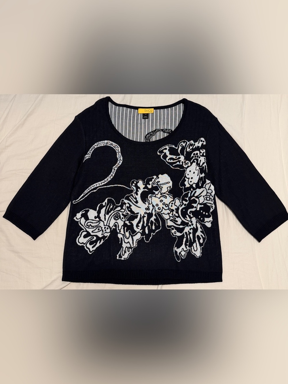 SoCa By St. John Black Knit Floral 3/4 Sleeve Scoop Blouse M